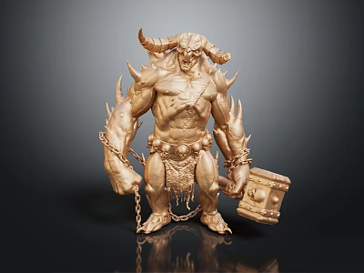 Muscular Horned Fantasy Game Movie Character With Spiked Armor Holding Hammer And Chains 3d model