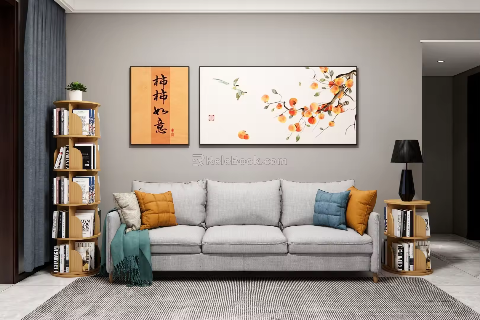 Modern Sofa Background Wall Persimmon Ruyi Decorative Painting Wall Decoration Rotating Solid Wood Bookshelf Guest Dining Room Three-Seat Sofa Bookshelf Table Lamp Green Plant 3d model