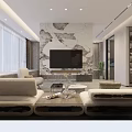 Modern Living Dining Room Interior With Marble Wall TV Sofa And Coffee Table