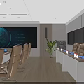 Modern Conference Room With Long Table Brown Chairs Large Screen And Windows 3d model