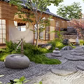 Serene Japanese Dry Landscape Garden With Raked Gravel Smooth Stones Lush Moss And Trees