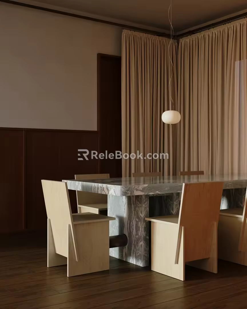 The marble dining table in the restaurant without main lamp 3d model