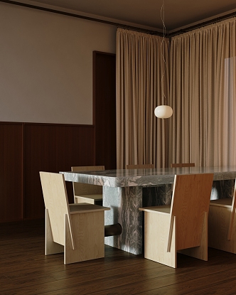 The marble dining table in the restaurant without main lamp 3d model