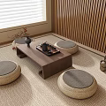 Quiet Style Tatami Tea Table and Chair Futon Cushion Pottery Pot Dried Flower Tea Set Tea Boiling Tapot Teacup 3d model