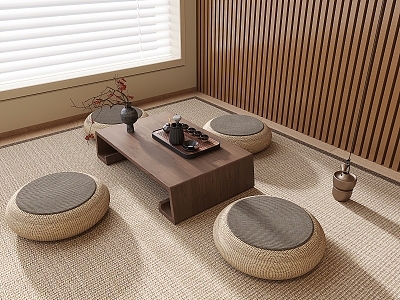 Quiet Style Tatami Tea Table and Chair Futon Cushion Pottery Pot Dried Flower Tea Set Tea Boiling Tapot Teacup 3d model