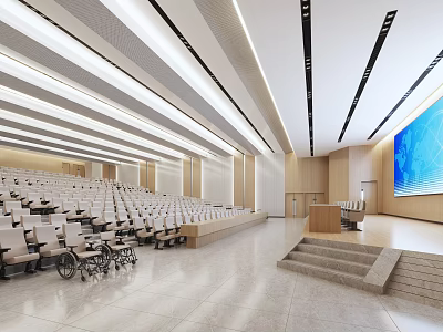 Modern Large Lecture Hall With White Seats Podium Large Screen Marble Floor And Wheelchair Access 3d model