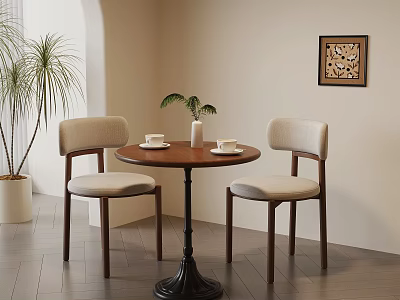 Round Wooden Table With Two Light Fabric Chairs Green Plant Decorative Painting Dark Wood Floor 3d model