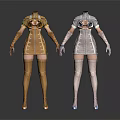 Fashion Mannequins In Fitted Golden And White Designer Outfits With Long Boots