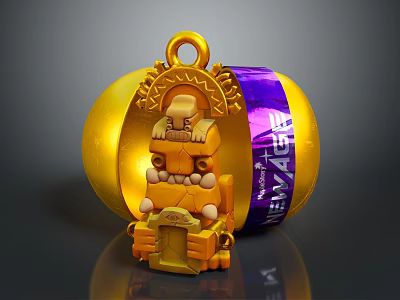 Golden Egg Shaped Commercial Equipment with Internal Statue and Purple New Year Label Display Structure 3d model