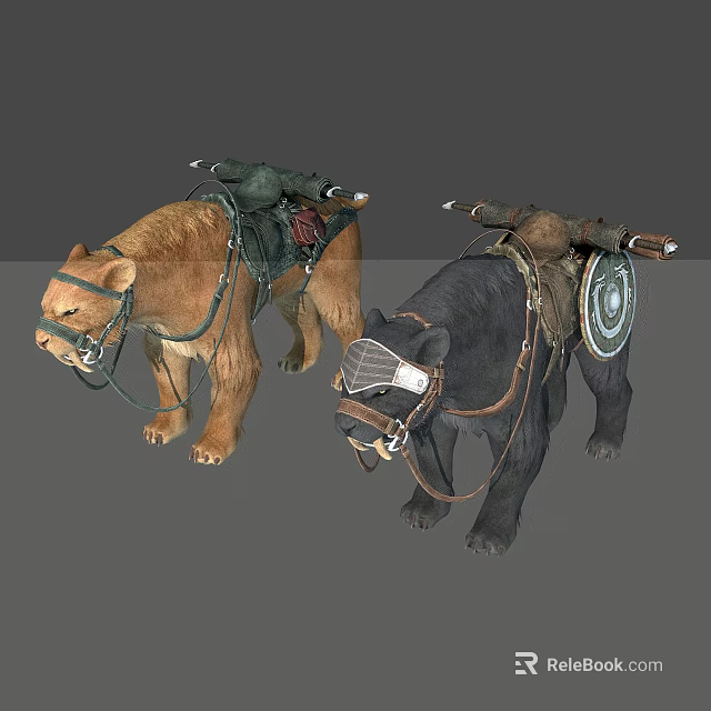 Lion And Bear Mounts Equipped With Battle Weapons And Saddle Gear 3d model 