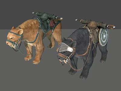 Lion And Bear Mounts Equipped With Battle Weapons And Saddle Gear 3d model