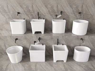 Multiple White Mop Wash Basins With Faucets Displayed On Gray Marble Wall 3d model