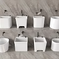 Multiple White Mop Wash Basins With Faucets Displayed On Gray Marble Wall 3d model