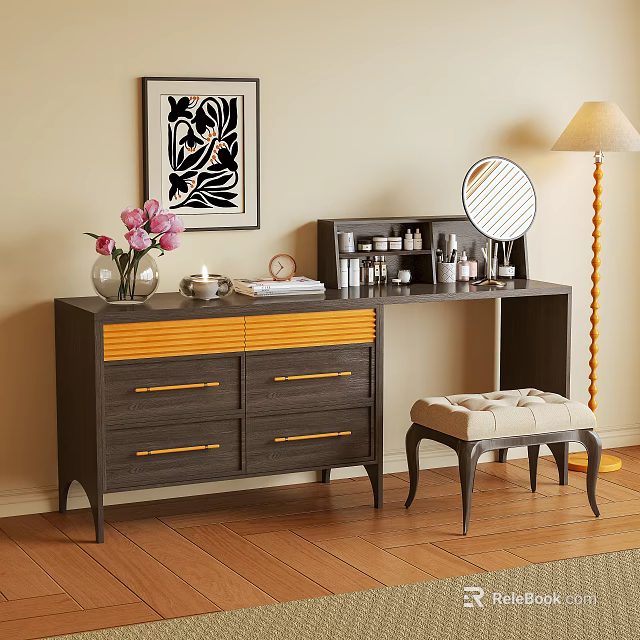 Dark Wood Dressing Table with Gold Handles Round Mirror Cosmetic Bottles and Upholstered Stool 3d model 