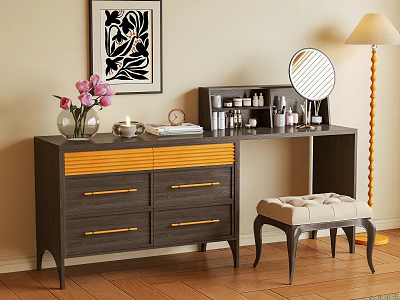 Dark Wood Dressing Table with Gold Handles Round Mirror Cosmetic Bottles and Upholstered Stool 3d model