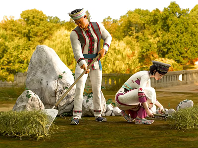 Two People Gardening In Traditional Clothes In Garden With Rocks Trees 3d model