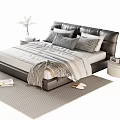 Elegant Double Bed With Leather Headboard Plush Pillows Side Tables Potted Plant And Striped Rug