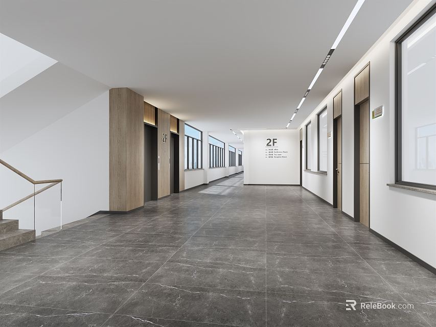 Modern Office Hallway With 2F Signage White Walls Gray Marble Flooring And Linear Lighting 3d model 