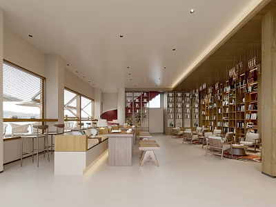 Modern Cafe Interior Design With Wooden Bookshelves Cozy Seating And Bar Counter 3d model