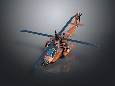 Orange Helicopter 3D Render With Blue Rotors Detailed Cockpit And Shiny Surface 3d model