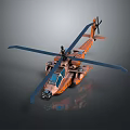 Orange Helicopter 3D Render With Blue Rotors Detailed Cockpit And Shiny Surface