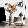 Desk Decorative Ornament Set with Laptop Headphones Dried Flower Vase Books Coffee Cup and Glasses