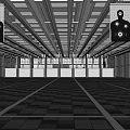 Indoor Fitness Gym Space With People Exercising Grid Ceiling And Striped Flooring