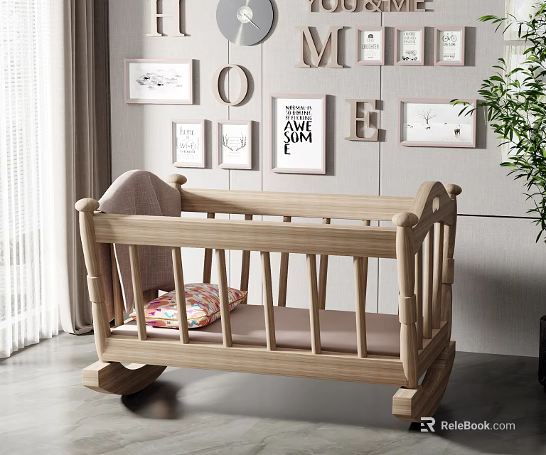 Wooden Rocking Baby Crib With Colorful Mattress And Nursery Wall Decor 3d model 