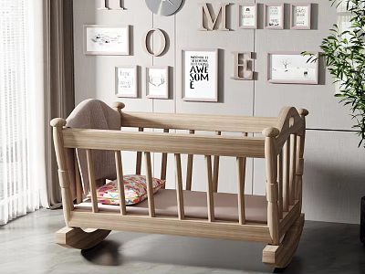 Wooden Rocking Baby Crib With Colorful Mattress And Nursery Wall Decor 3d model