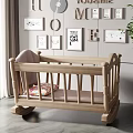 Wooden Rocking Baby Crib With Colorful Mattress And Nursery Wall Decor