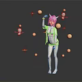 Pink Haired Female Character Surrounded By Small Winged Creatures Yellow Spheres And Star Shapes