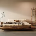 Minimalist Japanese Bedroom Interior Design With Wooden Bed Beige Decor And Green Plant