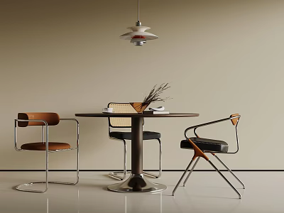 Modern Round Dining Table Set With Leather Chairs Metal Frames And Pendant Light 3d model