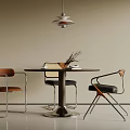Modern Round Dining Table Set With Leather Chairs Metal Frames And Pendant Light 3d model