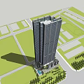 Contemporary Urban High Rise Building With Glass Facade And Tree Surroundings