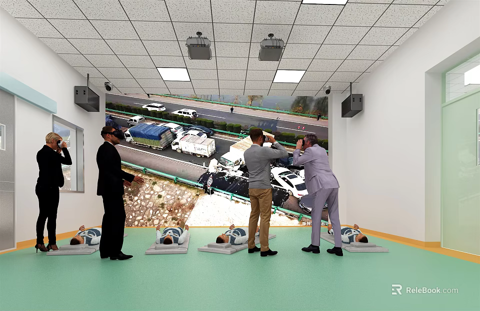 People in Room with Large Screen Displaying Parking Lot View and Helmets on Floor 3d model 