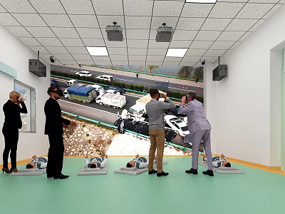 People in Room with Large Screen Displaying Parking Lot View and Helmets on Floor 3d model