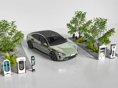 Electric Car Charging At Station Surrounded By Trees And Plants 3d model
