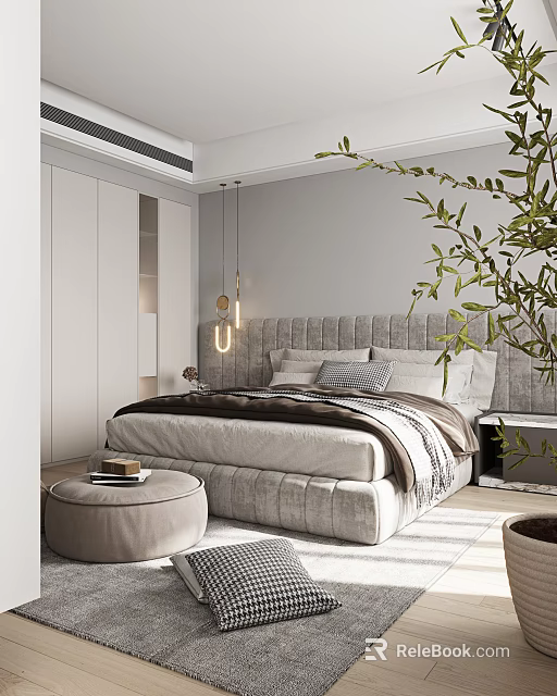 Contemporary Bedroom Interior Design With Soft Headboard Bed Pillows Blanket White Wardrobe Round Stool And Green Plant 3d model 