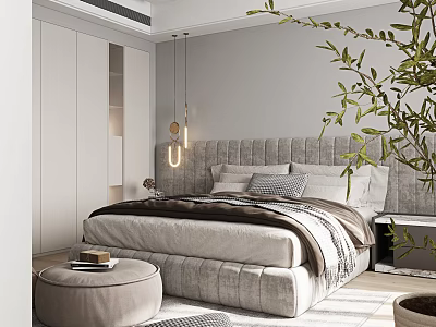 Contemporary Bedroom Interior Design With Soft Headboard Bed Pillows Blanket White Wardrobe Round Stool And Green Plant 3d model