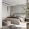 Contemporary Bedroom Interior Design With Soft Headboard Bed Pillows Blanket White Wardrobe Round Stool And Green Plant