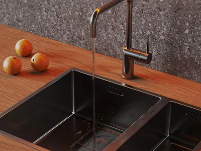 Kitchen Sink with Faucet Water Flowing Oranges on Wooden Countertop Gray Backsplash 3d model