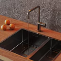 Kitchen Sink with Faucet Water Flowing Oranges on Wooden Countertop Gray Backsplash