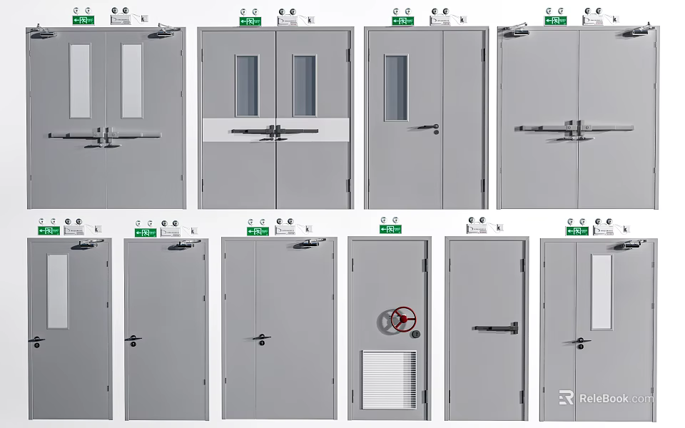 Various Industrial Safety Door Designs With Windows Handles And Signs 3d model 