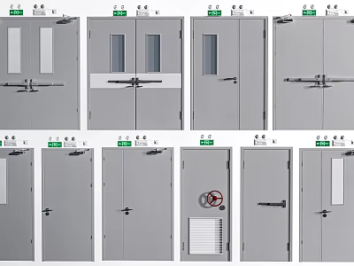 Various Industrial Safety Door Designs With Windows Handles And Signs 3d model