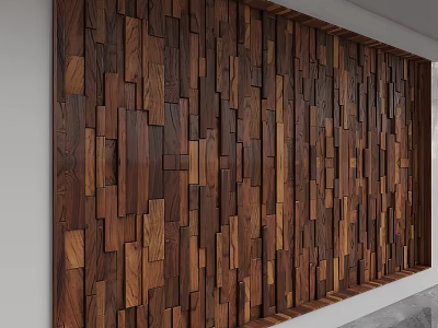 Wooden Accent Wall with Mixed Size Wood Planks Natural Grain and Warm Dark Brown Tones 3d model