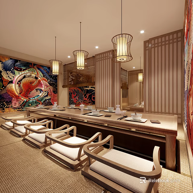 Japanese Style Private Dining Room Featuring Long Table Chairs Hanging Lamps And Decorative Murals 3d model 