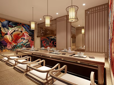 Japanese Style Private Dining Room Featuring Long Table Chairs Hanging Lamps And Decorative Murals 3d model