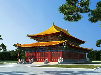 Ancient Chinese Traditional Building With Yellow Roof Red Pillars And Overhanging Eaves In Open Square 3d model