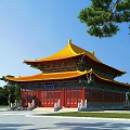 Ancient Chinese Traditional Building With Yellow Roof Red Pillars And Overhanging Eaves In Open Square